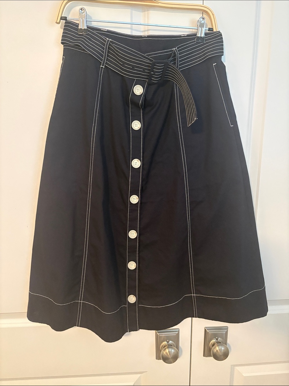 Joie Navy A-Line Skirt with White Contrast Stitching and Waist Belt